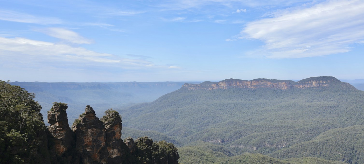 Vallée des Blue Mountains et forêt d'eucalyptus dans la brume