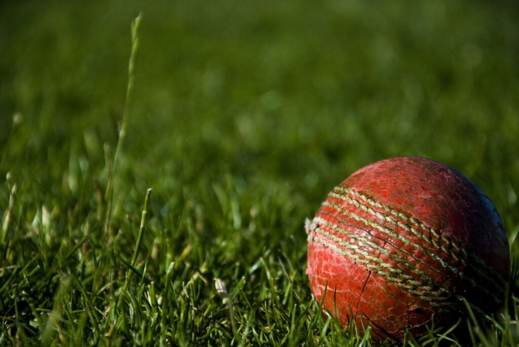 Une balle de cricket rouge posée sur l'herbe