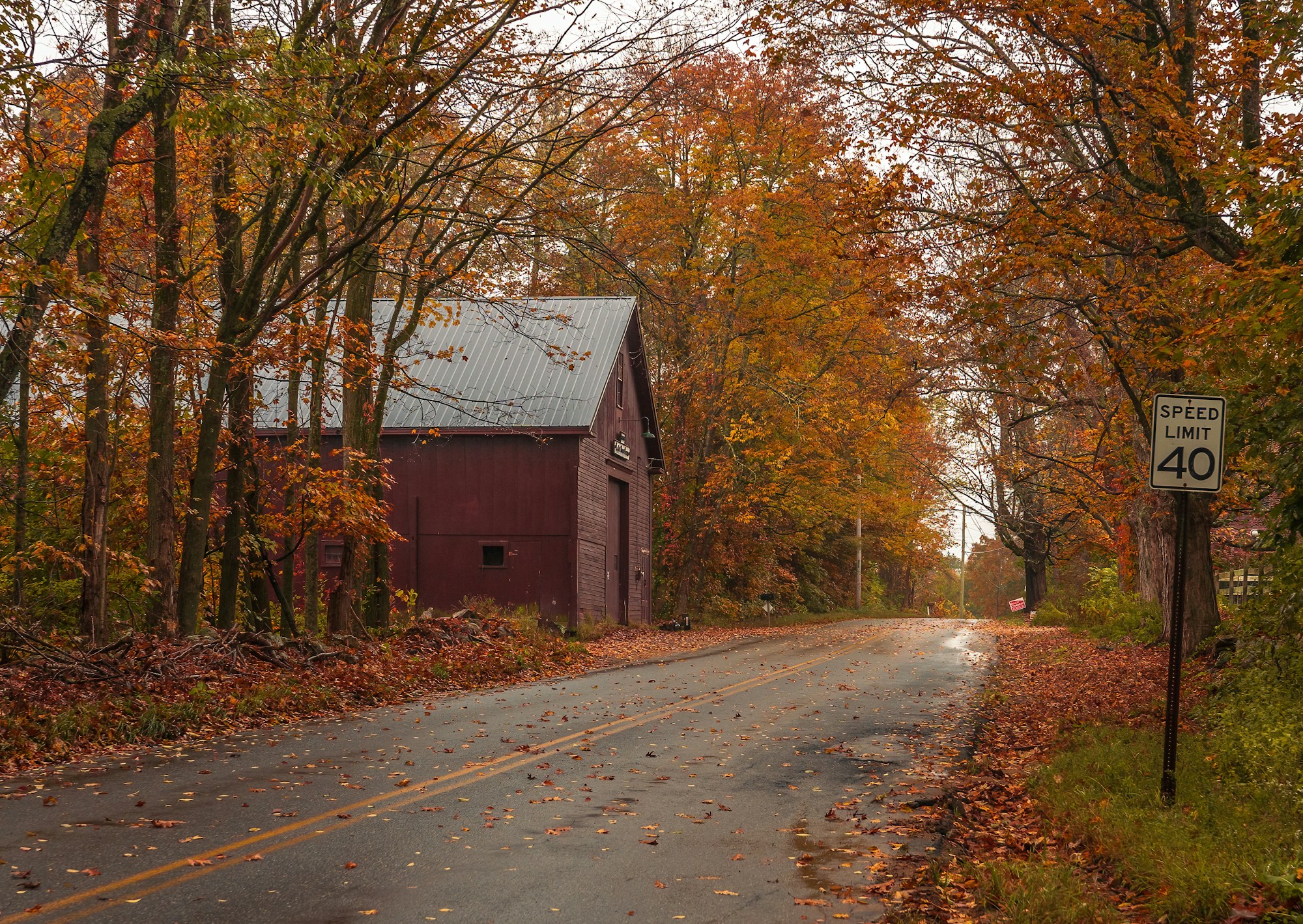 Strada di campagna e fienile nei colori autunnali del New England
