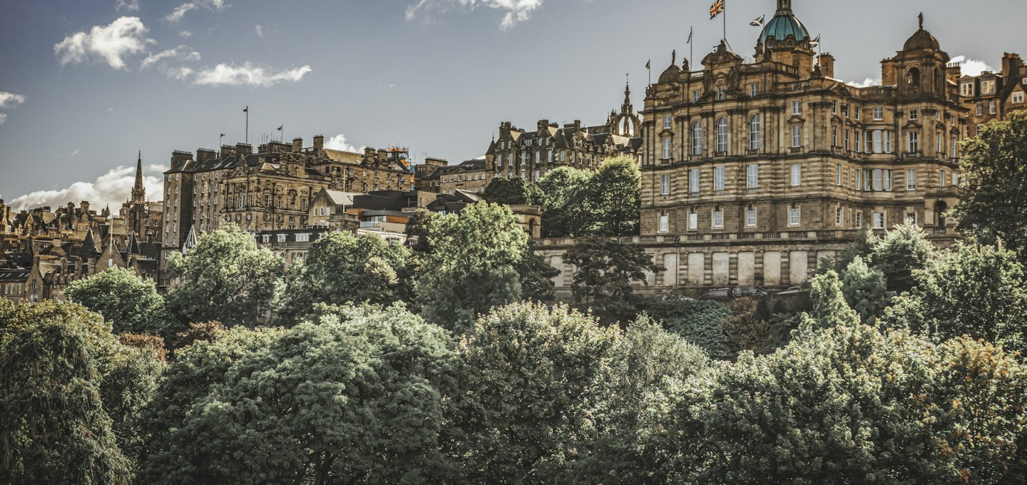 Facades and rooftops of the Old Town of Edinburgh seen from Princes Street