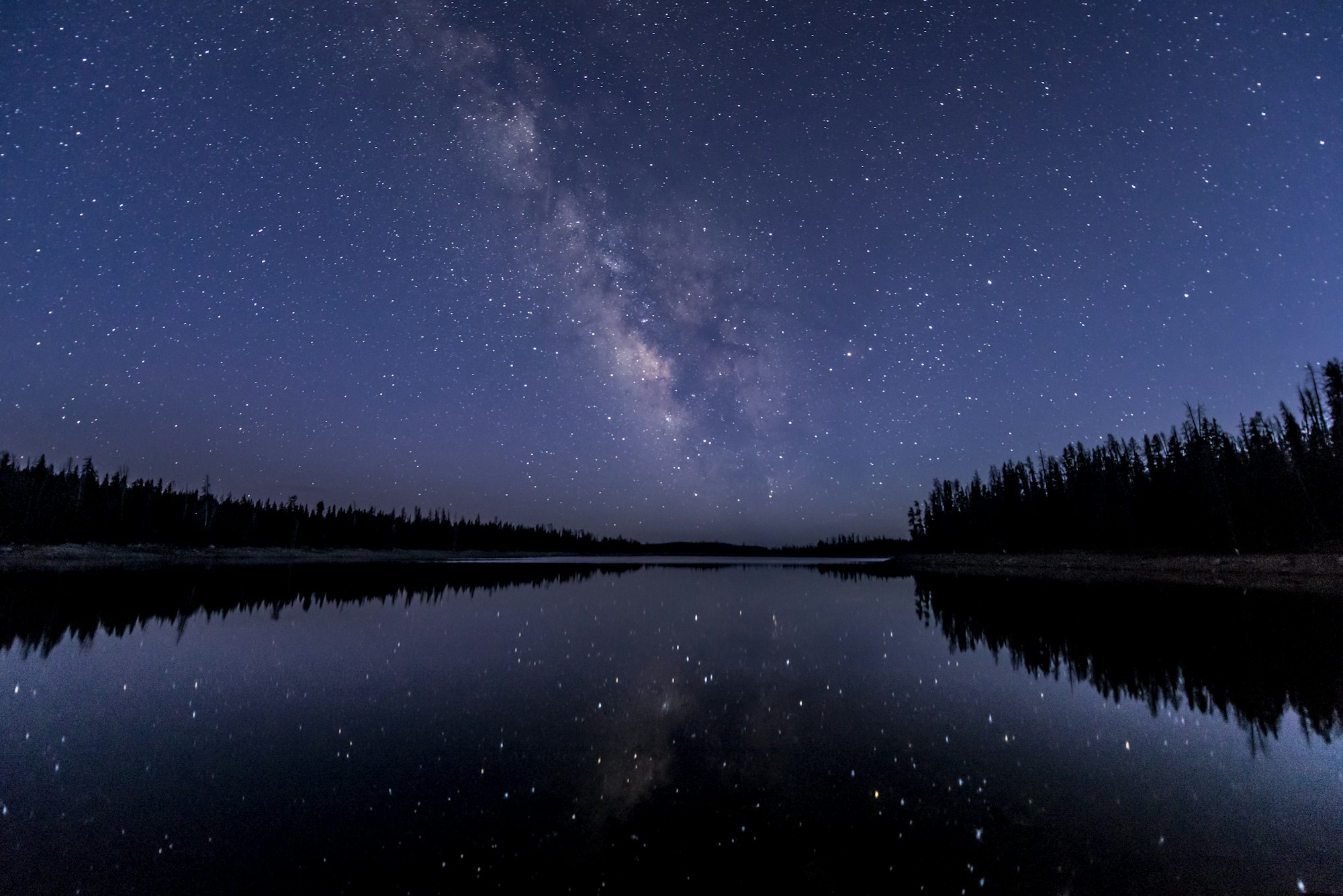 Starry night sky above a dark landscape