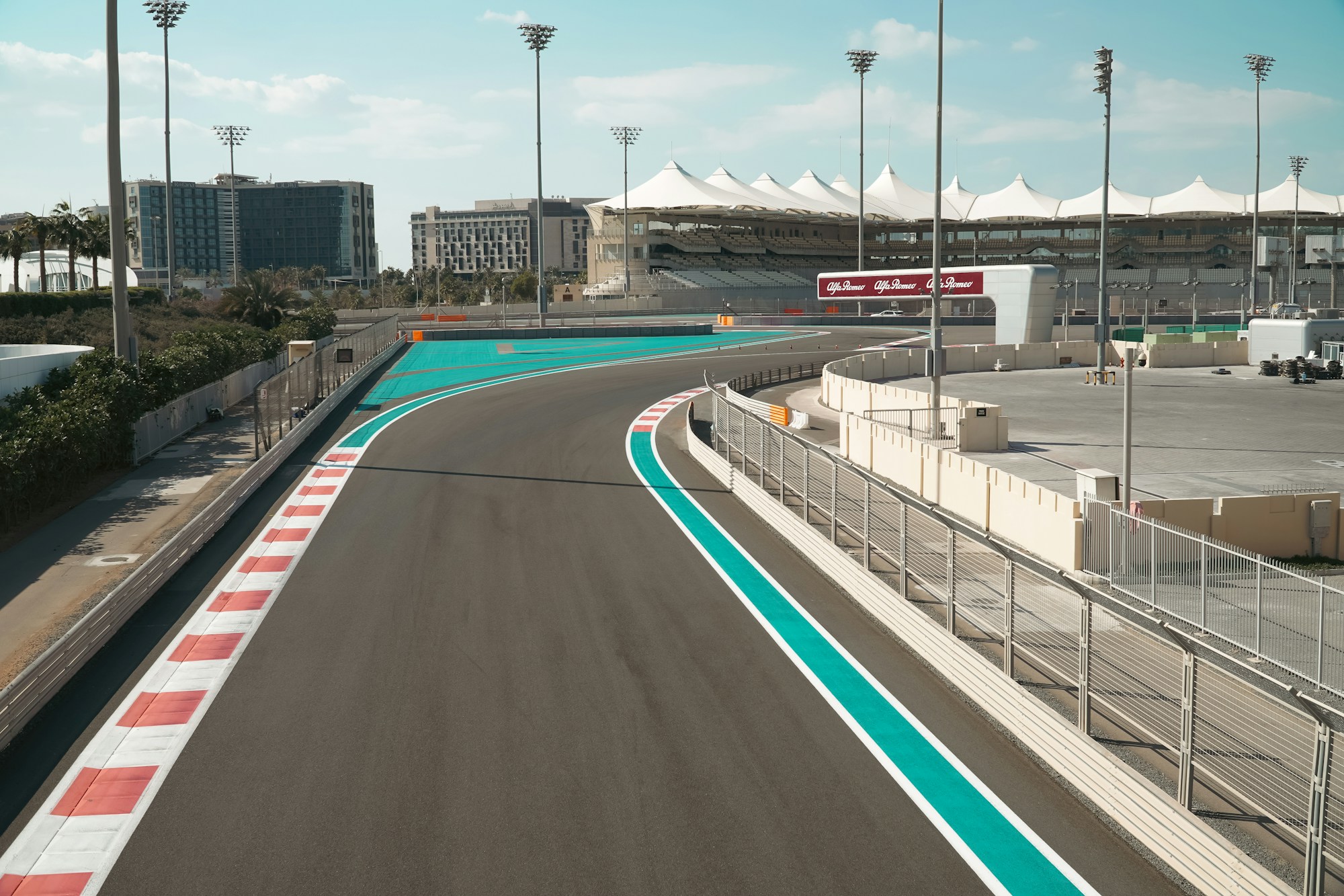 Track at the Yas Marina Circuit in Abu Dhabi, a corner lined with white grandstands