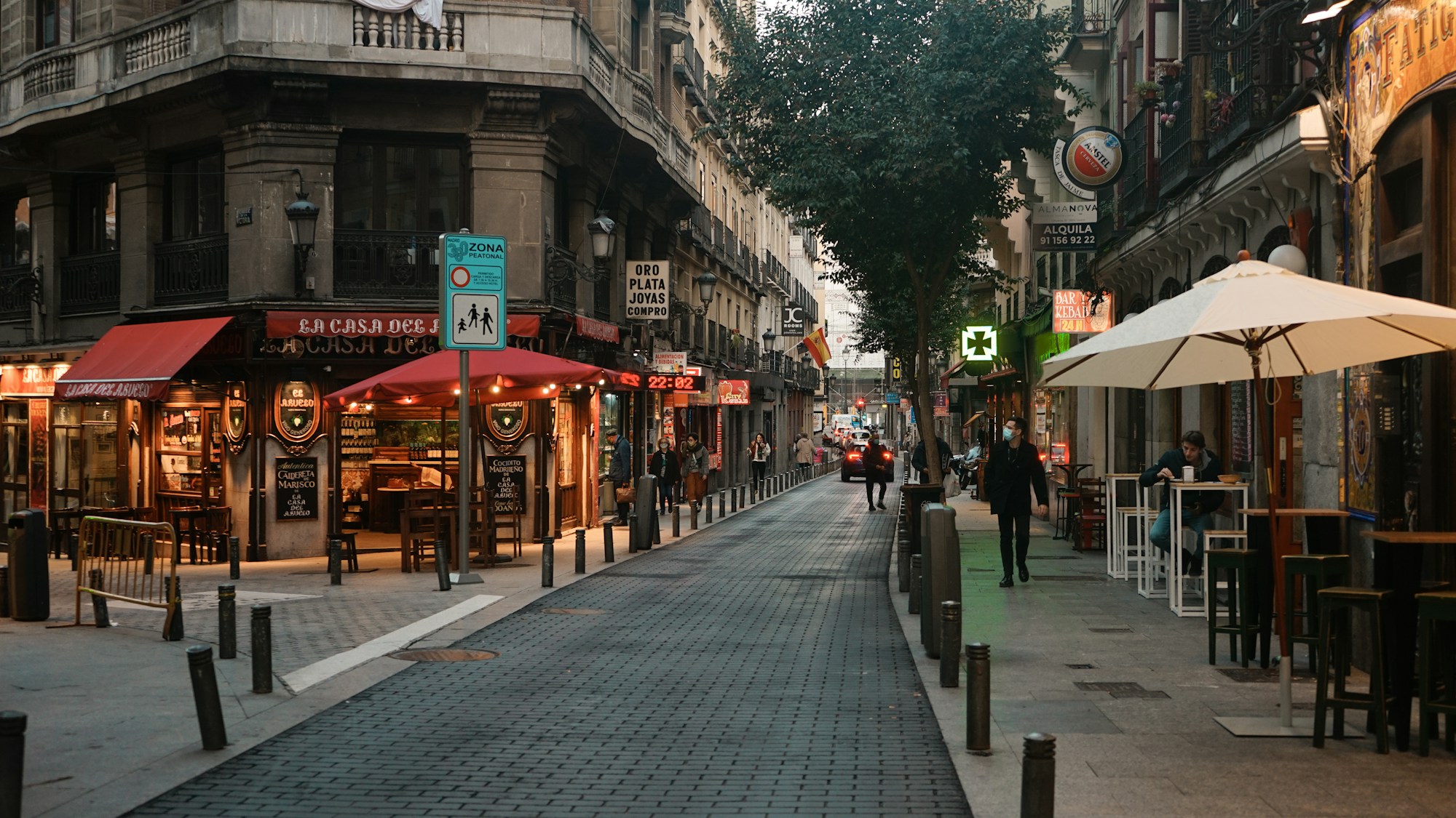 Street in central Madrid with its facades and terraces