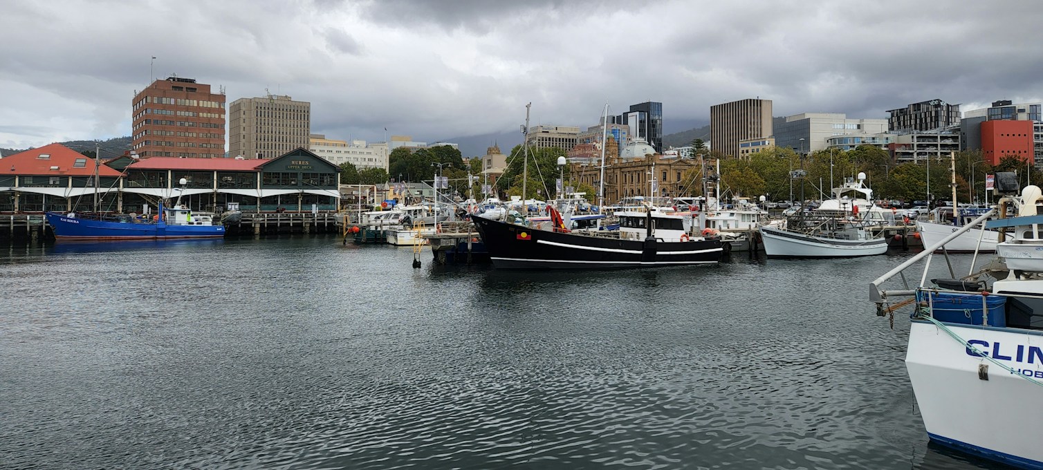 Hobart waterfront, boats moored in the harbor