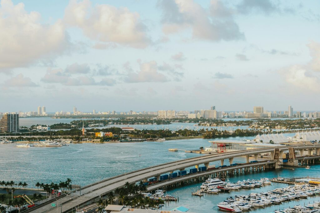 Biscayne Bay and the MacArthur Causeway at golden hour