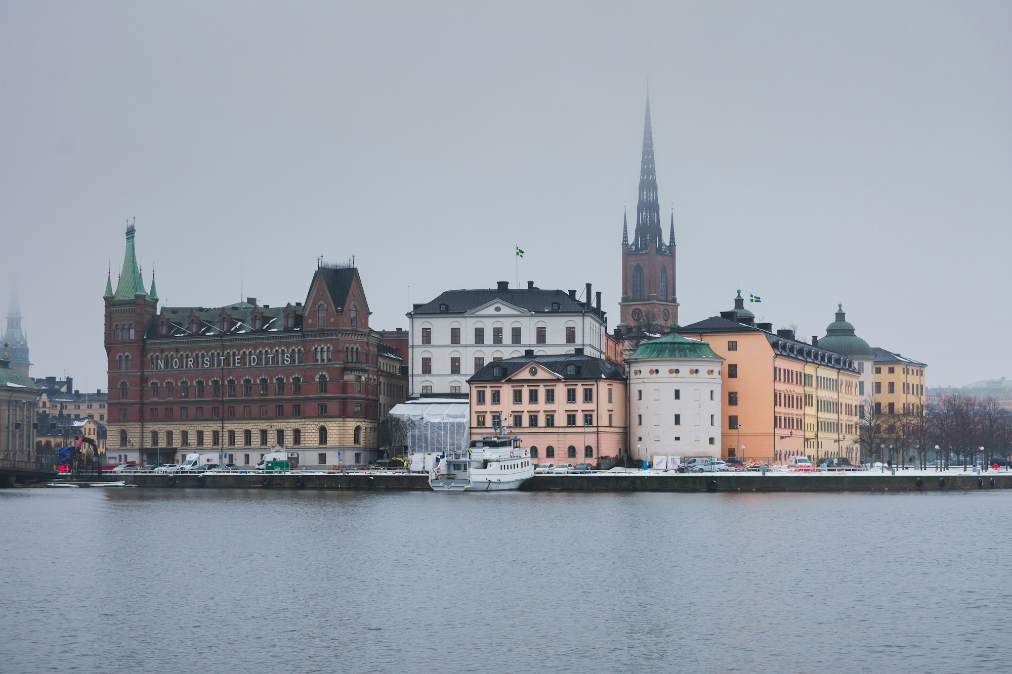 Facades of Gamla stan, Stockholm's old town, on a grey day