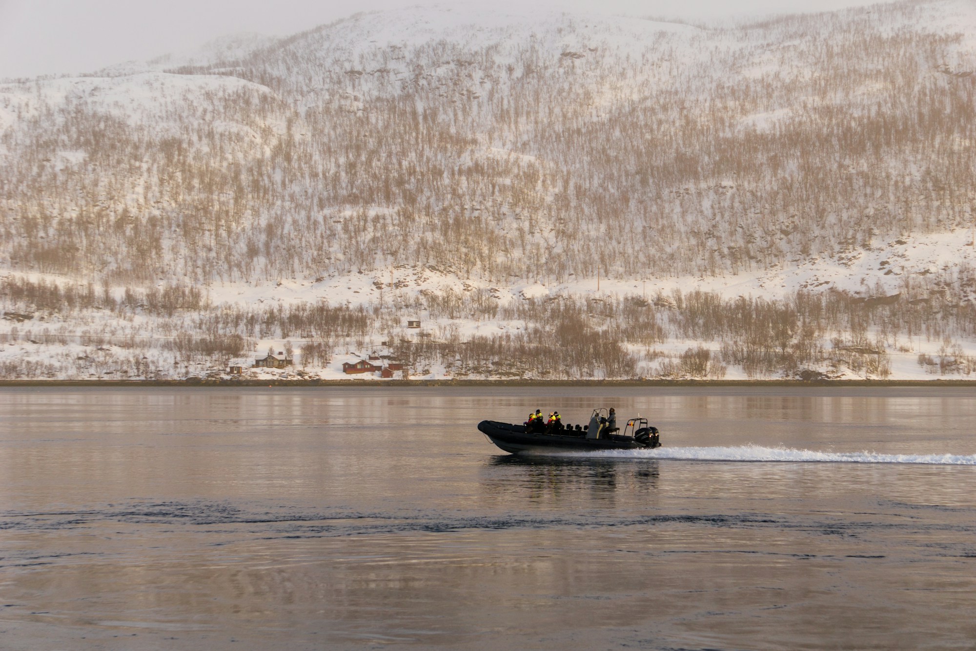 Schlauchboot für Wildtierbeobachtung auf einem verschneiten Fjord bei Tromsø, Norwegen