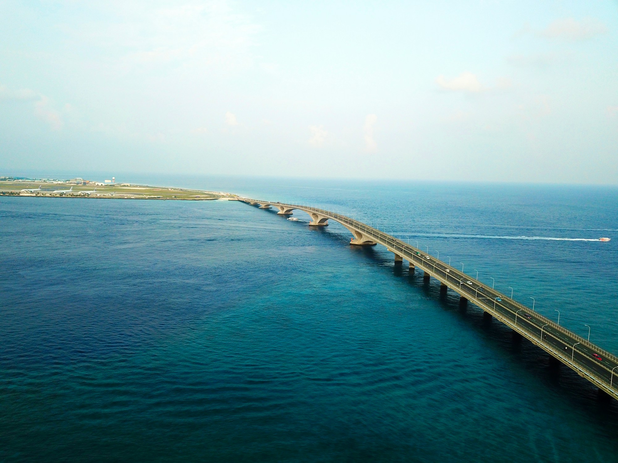 Aerial view of the Sinamaale Bridge, linking Velana airport and Hulhumalé to Malé, the capital of the Maldives