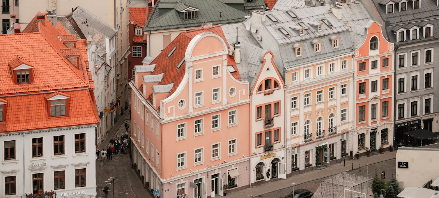 Colorful façades and rooftops of Riga's Old Town, seen from above