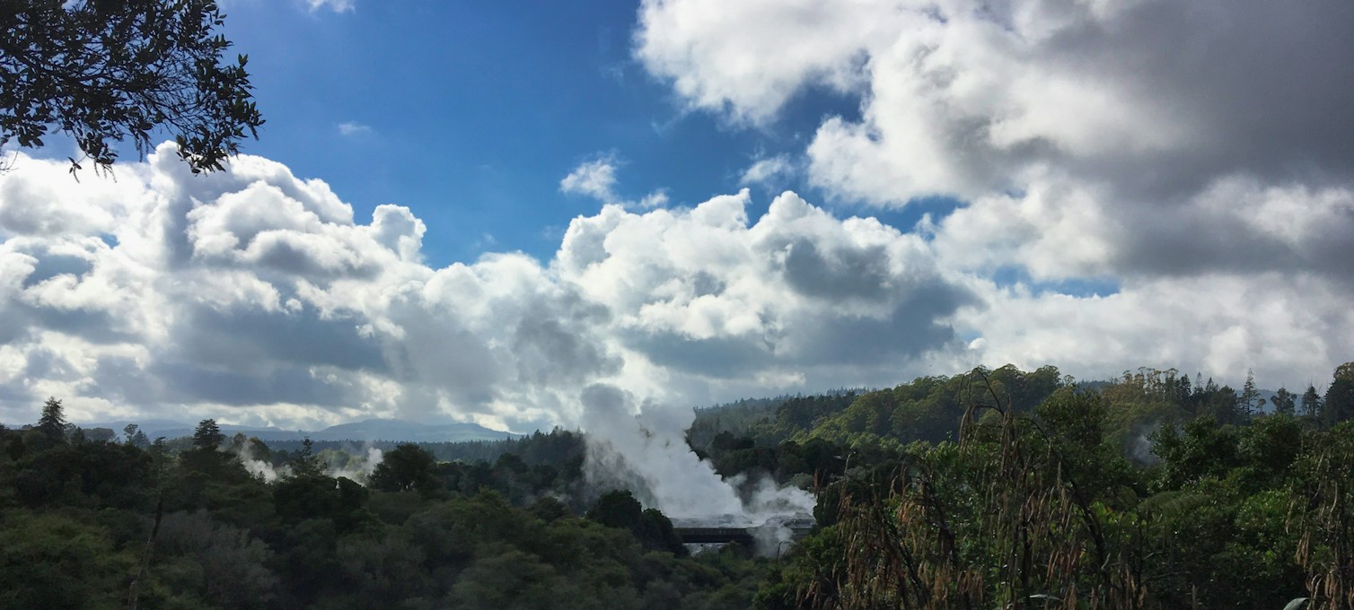 Vapeur qui s'élève d'un champ géothermique près de Rotorua