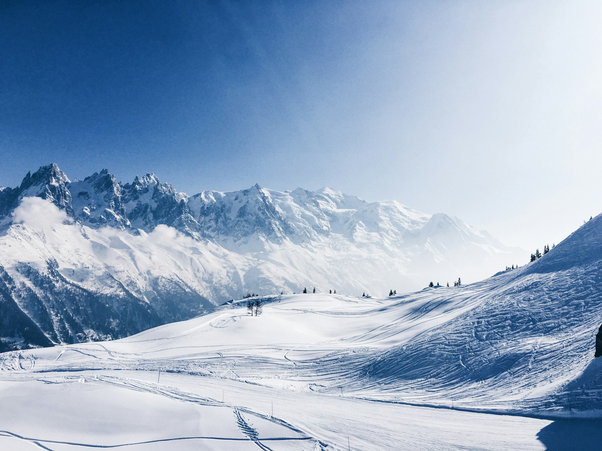 Snow-covered peaks of the Mont Blanc massif above Chamonix in winter