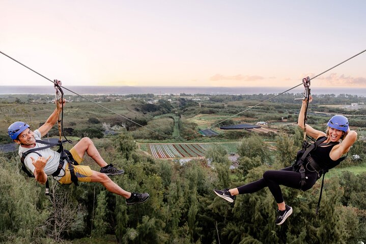 Person in a harness on a zipline above a green field
