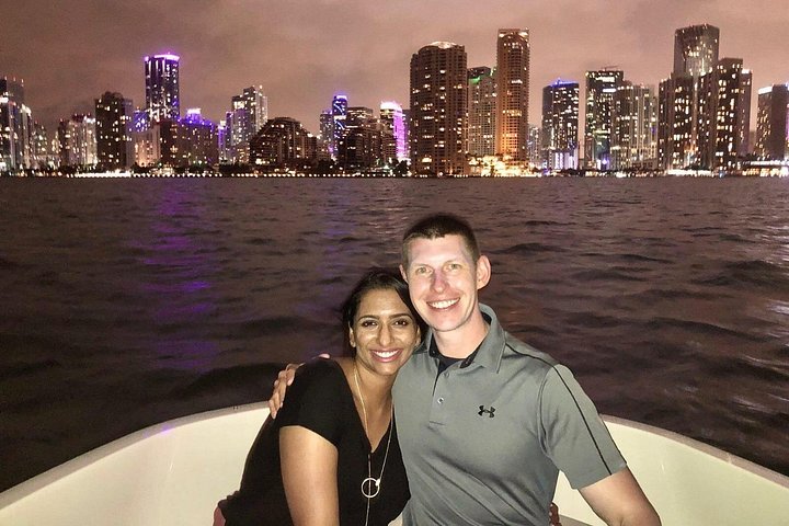 Private boat on the Miami River with skyline views