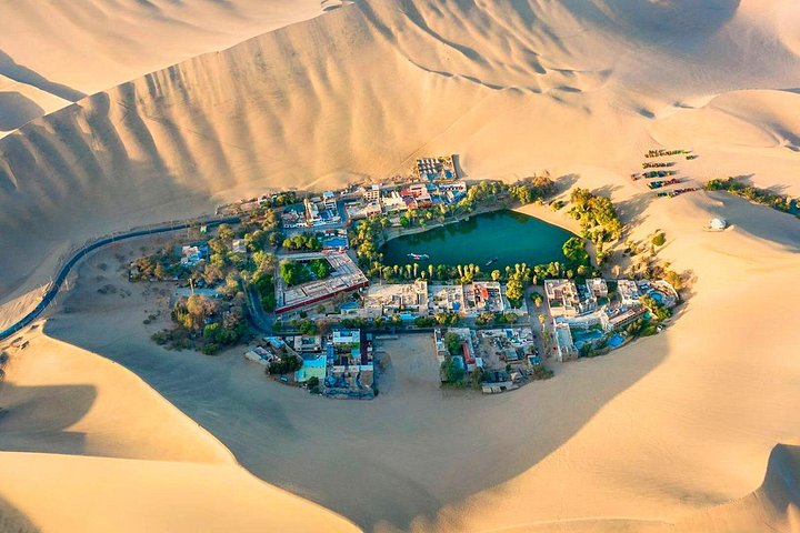 Huacachina oasis with palm trees and dunes at the edge