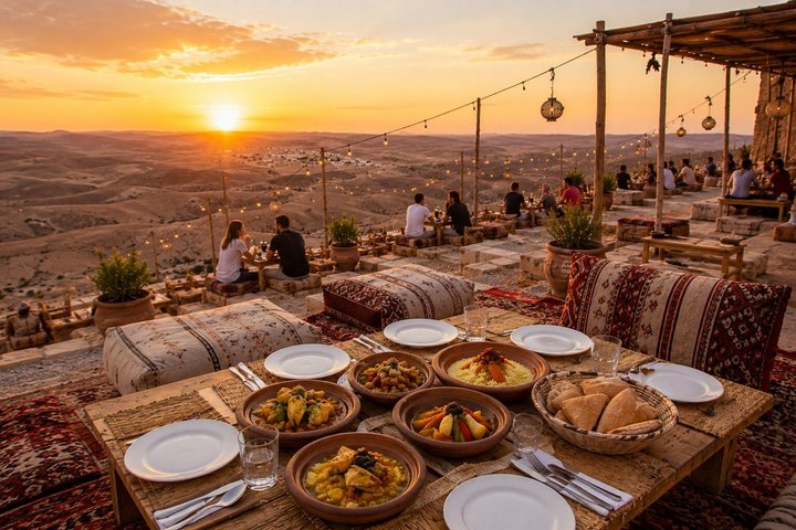 Dinner table set facing the sunset over the Agafay desert