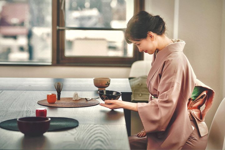 Matcha bowl and wagashi sweets during a tea ceremony