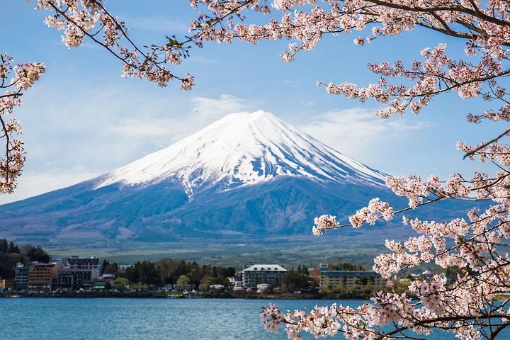 Mount Fuji rising above a rural road in autumn