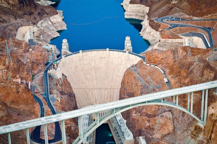 Aerial view of Hoover Dam and the bypass bridge on a small-group tour from Las Vegas