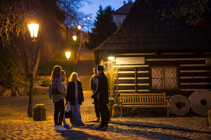 Prague Castle lanes lit up in the evening