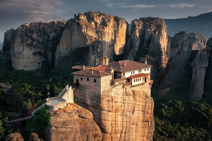 Panoramic view of the Meteora rock pillars