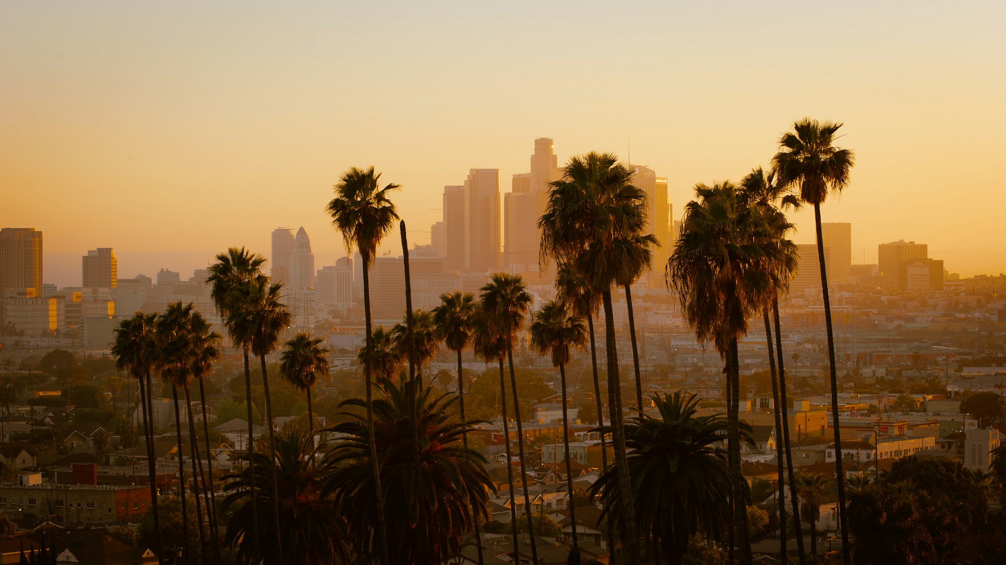 Silueta del centro de Los Ángeles al atardecer
