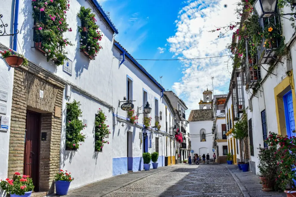 Ruelle blanche de Córdoba avec géraniums et plantes en mai